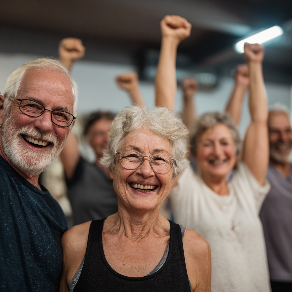 Older adults celebrating fitness achievements in group setting